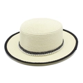 French vintage white boater straw hat with black trim and elegant pearl band detail - Milky White Pearl Style