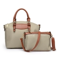 Ensemble de sacs cabas et bandoulière en nylon kaki avec finitions en cuir marron - Ensemble de 2 pièces (Cabas + Pochette intérieure) / Abricot