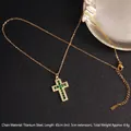 Titanium steel cross necklace in gold finish with green and white zircon insets - Cross No.10 Gold (A997)