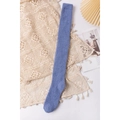 Thick purple coral fleece over-knee socks displayed on a lace blanket with cozy decor - One Size / Blue