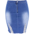 Detailansicht eines High-Waist-Jeansrocks mit Metallreißverschluss und Fransensaum - S / Dunkelblau