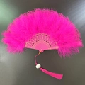 Pink thickened feather folding fan with lace trim, plastic frame, and decorative tassel - Lace Rose Red