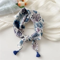 Floral print cotton linen scarf in cream with blue tassels and purple flowers - Beautiful Leaves Blue (Fringe)