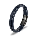 Detalle de pulsera de cuero trenzado azul oscuro con costuras blancas y cierre magnético negro - 19cm / Azul