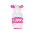 Pink and white hooded dog sweater with plush ears and Puppy embroidery detail - S / Pink