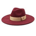 Close-up of burgundy fedora hat with camel ribbon and a small gold bee metal accent - M (56-58cm) / Burgundy