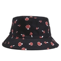 Detail of a black bucket hat featuring an all-over red and white mushroom pattern print - L(55-60cm Circumference) / Black Red Mushroom Style