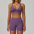 Conjunto de yoga morado sin costuras para mujer con shorts acanalados y sujetador - Sujetador 7790 + Shorts 7790 - Morado Brumoso / S