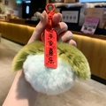 Macro shot of a green and light blue plush keychain with a red lucky charm tag - Green Apple Peace And Joy