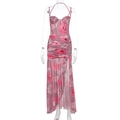 Detail of floral printed mesh dress featuring boned corset bodice and ruched slit skirt - S / Pink Purple Floral