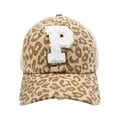 Close-up of leopard print baseball cap featuring a sequined letter P and mesh back - Leopard-Letter P