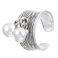 Adjustable silver layered textured ring featuring two large sphere ball pendants - Antique Silver Multi-Layer Stripe Hanging Balls (N-290)