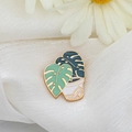 Creative enamel monstera plant brooch featuring green and blue leaves in a white pot - Monstera Leaf Style (C1827-3)