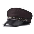 Detail of nautical baker boy cap with silver chain and gold star studs on a black leather brim - M (56-58cm) / Coffee