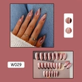 Detail view of pink almond nails with brown and white lines including model look - W029 Dark Red Lines