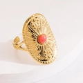 Vintage vergulde schildring met rode steen en zonnestraalmotief, verstelbare maat - Sunburst Rode Steen Open Ring / Rood