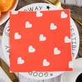 Red square Valentine napkins with white heart pattern on a plate for table decor - Red Background White Hearts Style (QRJ01-3)