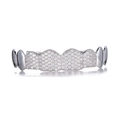 Macro detail of silver hip hop grillz with white zircon pavé and polished metal finish - Silver (Top Teeth)