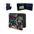 Men's bifold PU wallet featuring skull, rose and snake tattoo print on black surface - ZDQB-055 (Vintage Tattoo Graffiti)