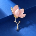 Elegant pink enamel magnolia brooch pin with gold metal base on velvet display - XD824501-1 Pink Magnolia