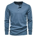Men's slim fit long sleeve navy blue Henley T-shirt with classic three-button placket - Denim Blue