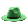 Detail of green wool fedora hat featuring a wide brim and black leather band with metal buckle - M (56-58cm) / Grass Green