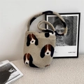 Close-up of plush lamb wool bucket bag featuring a cute beagle pattern and soft texture - Camel Dog Pattern