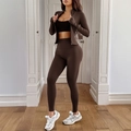 Women's 3-piece dark brown sports set with zip-up jacket, sports bra and high-waist leggings - S / Dark Brown