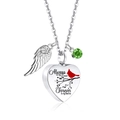 Silver heart urn necklace with wings, green crystal, and memorial engraving - March/Light Blue