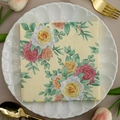 Floral print paper napkins in yellow and pink on a white plate with gold cutlery - Retro Yellow Pink Floral (1041)
