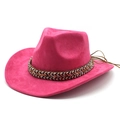 Detail of rose red suede cowboy hat featuring ethnic woven band and side profile view - M (56-59cm) / Rose Red Suede