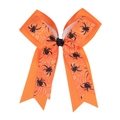 Detail of orange Halloween hair bow with black spider and white spider web print - Orange Spider Web