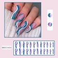 Long coffin press-on nails with blue and pink wavy lines and glitter finish - BKS1454 Pink Base Blue Green Wave Line Style