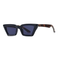 Katzenaugen-Sonnenbrille mit schwarzem Rahmen und Leopardenmuster an den Bügeln - Schildpatt-Bügel / Schwarzer Rahmen / Dunkelblaue Gläser