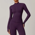 Slim fit dark purple seamless yoga set with stand collar zipper jacket and leggings - S / Plum Purple
