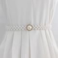 Elegant women pearl belt with large gold framed buckle on white dress - Gold Small Pearl