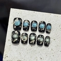 Handmade black press-on nails with gold foil and 3D opal cat-eye gems on stone - Extra Small (XS) / 2417-Ultra Short Trapezoid