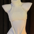 White high-neck halter bodysuit in cable knit with backless and hollow-out design - White Sweater