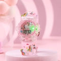 Detail of pink kids unicorn digital watch showing 3D rainbow strap and LED light display - Pink