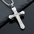 Hip hop double layered stainless steel cross necklace with crystal on a box chain - Pendant / Silver