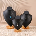 Three-piece black matte necklace bust set with solid wood bases for jewelry display - Combination Set / Black PU Leather