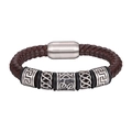 Geflochtenes braunes Lederarmband für Herren mit silbernen Perlen und Magnetverschluss - Kaffeebraun / 22cm