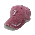 Close-up of distressed vintage red baseball cap with white number 7 and lucky embroidery - M(56-58cm) / Burgundy