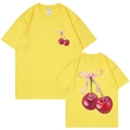 T-shirt en coton jaune ample avec imprimé cerise aquarelle et nœud rose - Jaune