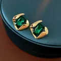 French vintage emerald cut stud earrings with gold plating and deep green crystals - Green Gemstone Stud Earrings (925 Silver Pin)