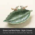 Ceramic green leaf jewelry tray with two white birds decoration and glossy finish - Green Leaf Bird Tray - Style 1 Green