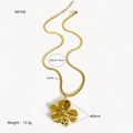 Polished gold flower pendant necklace with snake chain and dimensions info - Gold Flower