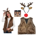 Brown reindeer costume set including plush vest, antler headband, and festive nose accessory - Vest 4Pcs Set (Adult)