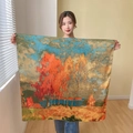 Artistic oil painting silk scarf featuring autumn forest landscape print in gold and red - Style 10