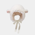 Detail of white plush lamb ear hat with lace trim and soft satin ribbons for warmth - One Size / Off White